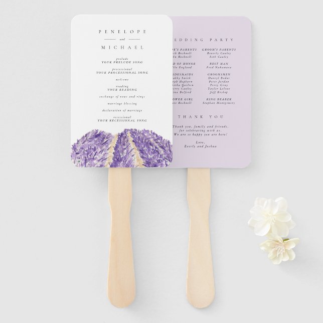 Watercolor Lavender Fields Wedding Program Hand Fan (Front and Back)