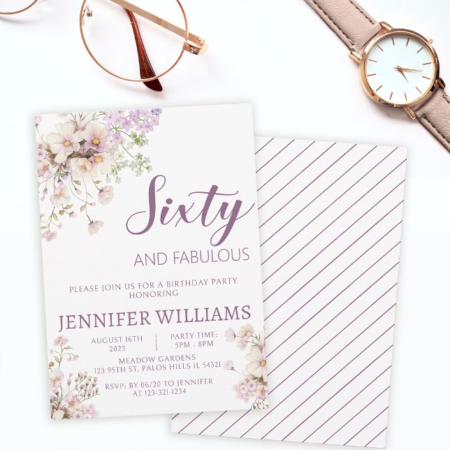 Watercolor lavender floral 60th 60s birthday invitation (Creator Uploaded)