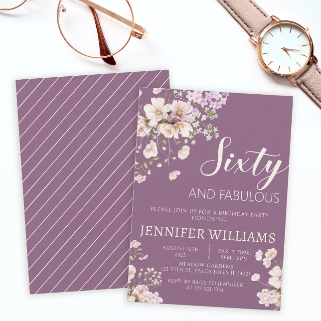 Watercolor lavender floral 60th 60s birthday invitation (Creator Uploaded)