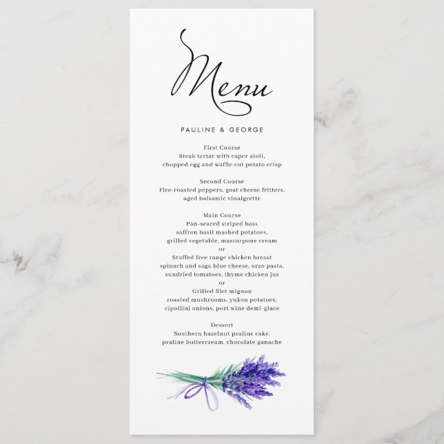 Watercolor Lavender Floral Bouquet Spring Wedding Menu (Front)