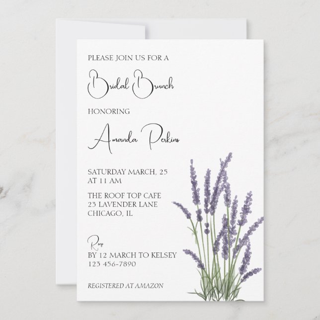 Watercolor Lavender Floral Bridal Brunch  Invitation (Front)