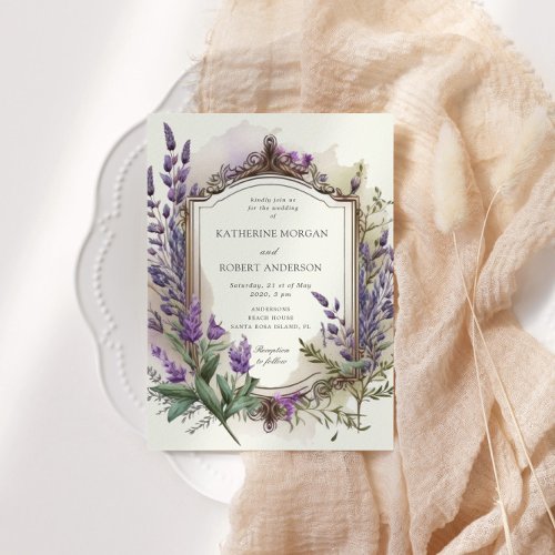 Watercolor Lavender Floral Regal Gold Wedding Invitation