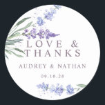 Watercolor Lavender Floral Wedding Thank You Classic Round Sticker<br><div class="desc">Say thank you to your wedding guest with this elegant and romantic watercolor lavender flowers in purple and blue with greenery round sticker.</div>