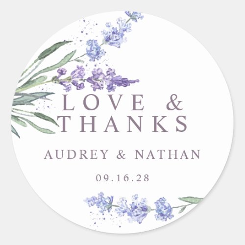 Watercolor Lavender Floral Wedding Thank You Classic Round Sticker