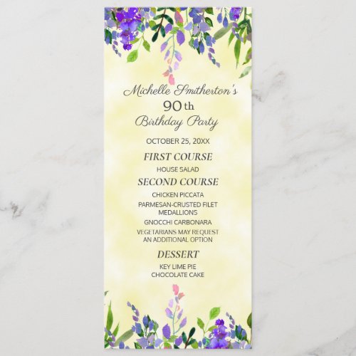 Watercolor Lavender Floral Yellow Birthday Menu