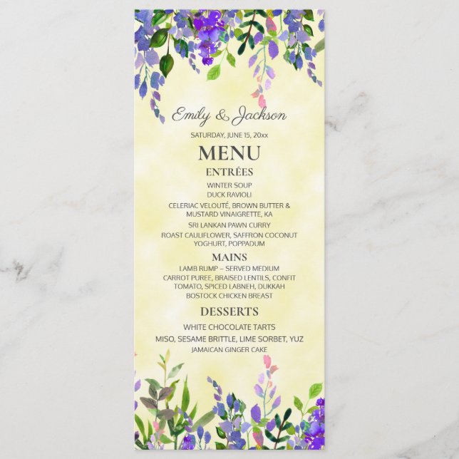 Watercolor Lavender Floral Yellow Wedding  Menu (Front)