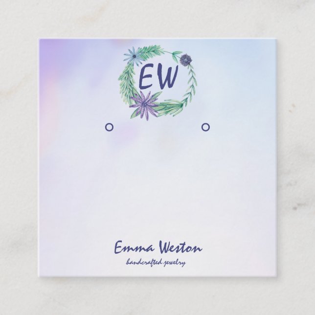 Watercolor Lavender Flower Wreath Earring Display Square Business Card (Front)