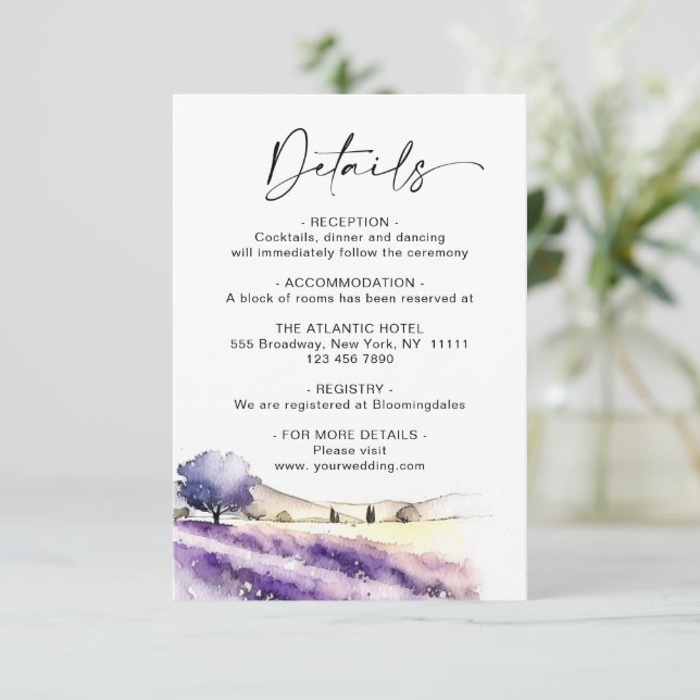 Watercolor Lavender Flowers Field Wedding Details Enclosure Card (Standing Front)