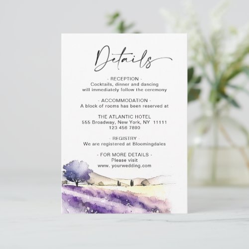 Watercolor Lavender Flowers Field Wedding Details Enclosure Card