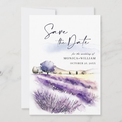 Watercolor Lavender Flowers Field Wedding Photo Save The Date