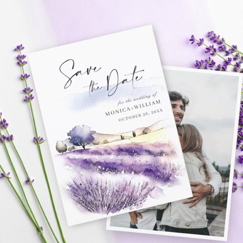 Watercolor Lavender Flowers Field Wedding Photo Save The Date