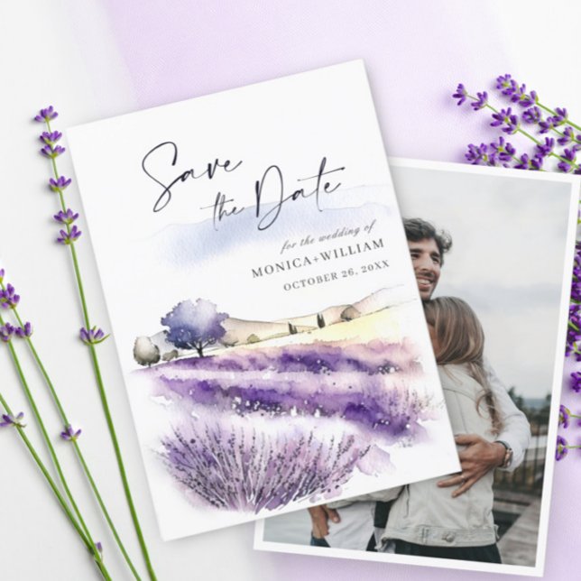 Watercolor Lavender Flowers Field Wedding Photo Save The Date (Creator Uploaded)
