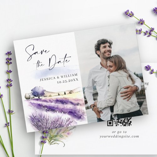 Watercolor Lavender Flowers Field Wedding Photo  Save The Date