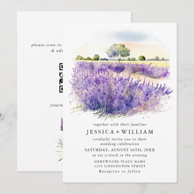 Watercolor Lavender Flowers Field Wedding QR code Invitation (Front/Back)