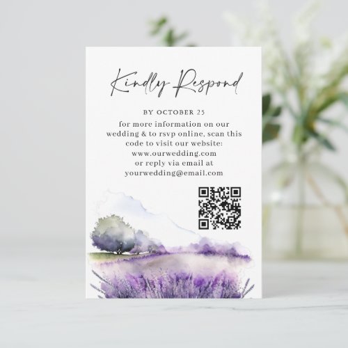 Watercolor Lavender Flowers Field Wedding QR code RSVP Card