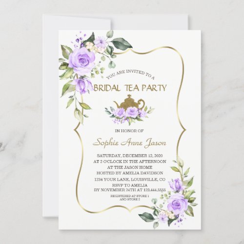 Watercolor Lavender Flowers Gold Bridal Tea Party Invitation