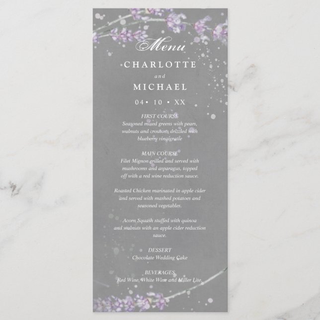 Watercolor lavender flowers gray wedding menu (Front)