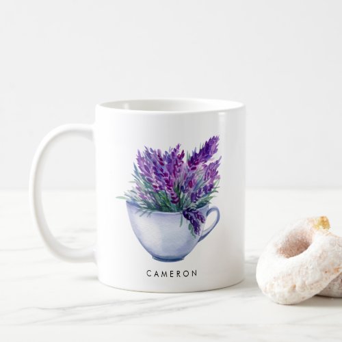 Watercolor Lavender Flowers in Teacup Personalized Coffee Mug