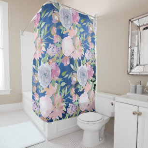 Watercolor Lavender Flowers on Dark Blue Shower Curtain
