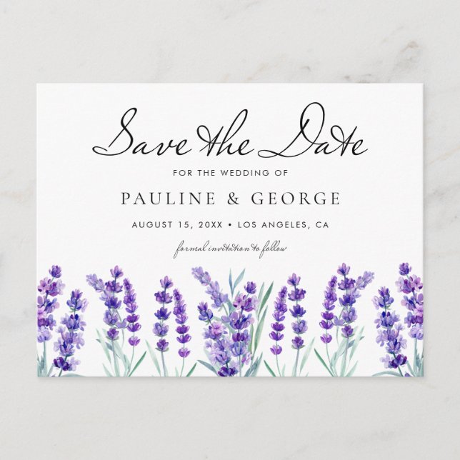 Watercolor Lavender Flowers Save the Date Postcard (Front)