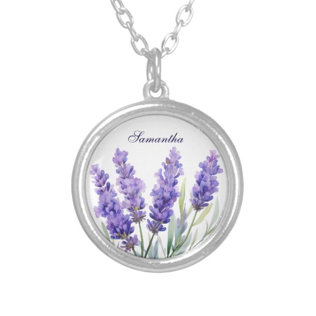 Watercolor Lavender Flowers Silver Plated Necklace (Front)