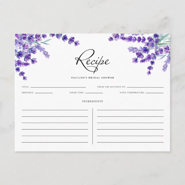 Watercolor Lavender Flowers Spring Recipe Card | Zazzle