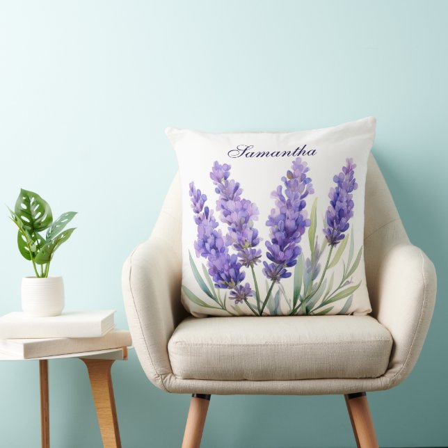 Watercolor Lavender Flowers Throw Pillow (Chair)