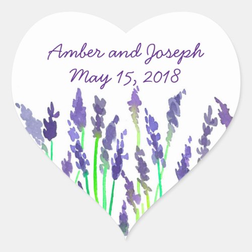 Watercolor Lavender Flowers Wedding Date Heart Sticker