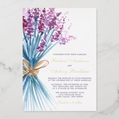 Watercolor Lavender Flowers Wedding Foil Invitation