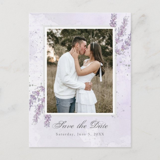 Watercolor lavender flowers wedding save the date postcard (Front)