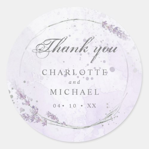 Watercolor lavender flowers wedding thank you classic round sticker