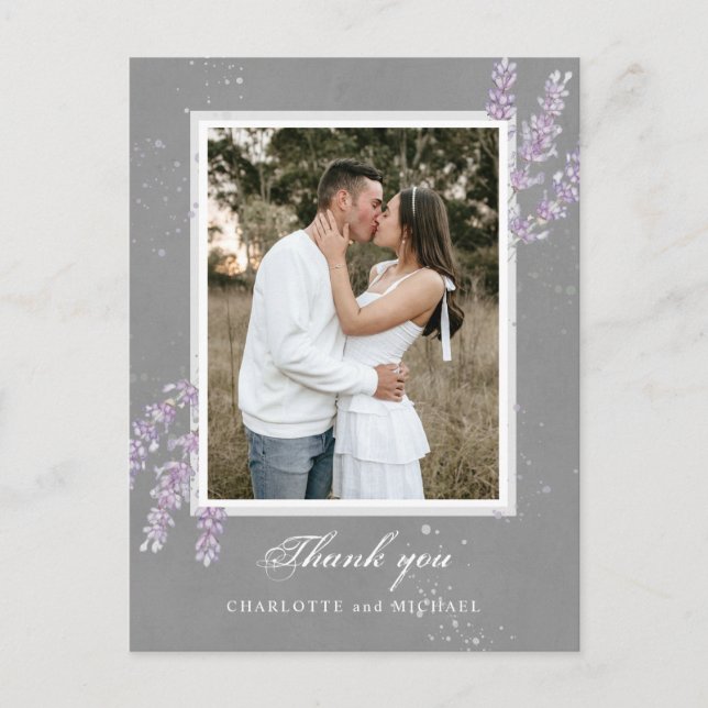 Watercolor lavender flowers wedding thanks photo postcard (Front)