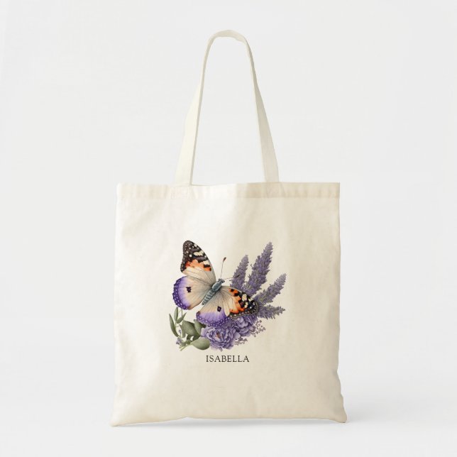 Watercolor Lavender Flowers with Butterfly Custom Tote Bag (Front)
