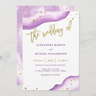 Watercolor Lavender Gold Geode Wedding Invitation