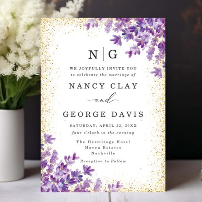 Watercolor Lavender Gold Glitter Monogram Wedding Invitation (Creator Uploaded)