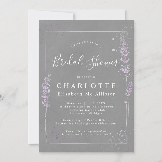 Watercolor lavender gray elegant bridal shower invitation (Front)