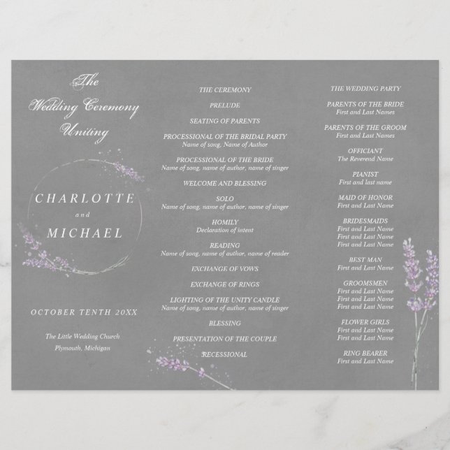 Watercolor lavender gray wedding program (Front)