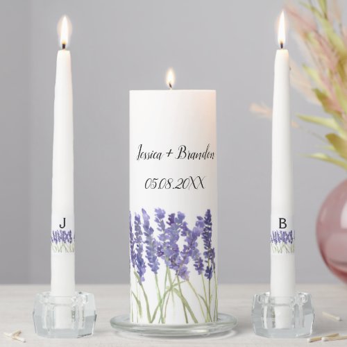 Watercolor Lavender Herb Purple Floral Monogram Unity Candle Set
