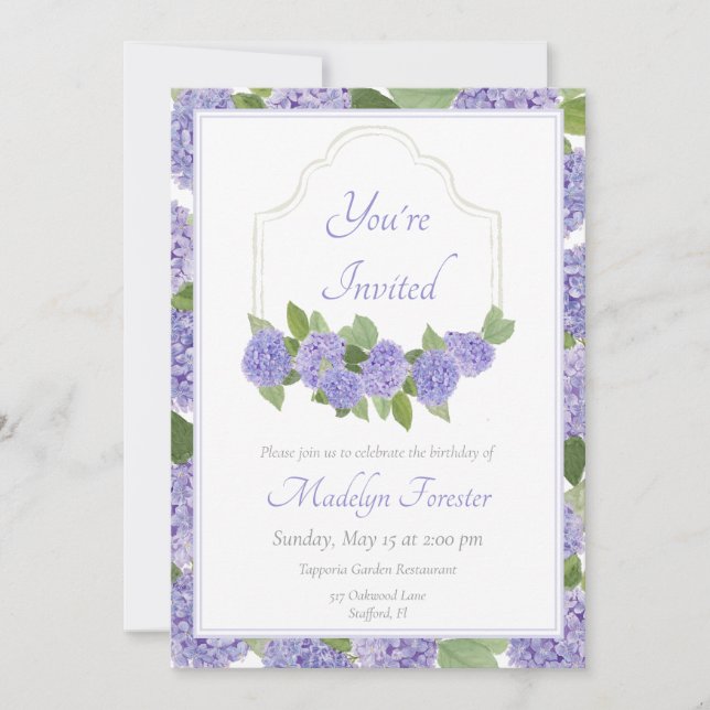 Watercolor Lavender Hydrangea  Birthday Invitation (Front)