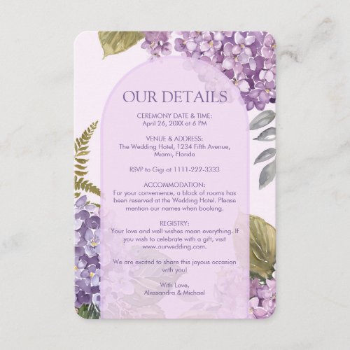 Watercolor Lavender Hydrangea Fern Leaves Wedding Enclosure Card