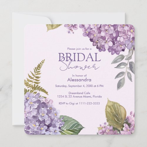 Watercolor Lavender Hydrangea Flower Bridal Shower Invitation