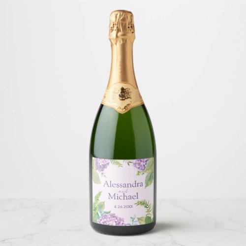 Watercolor Lavender Hydrangea Flowers Wedding Sparkling Wine Label
