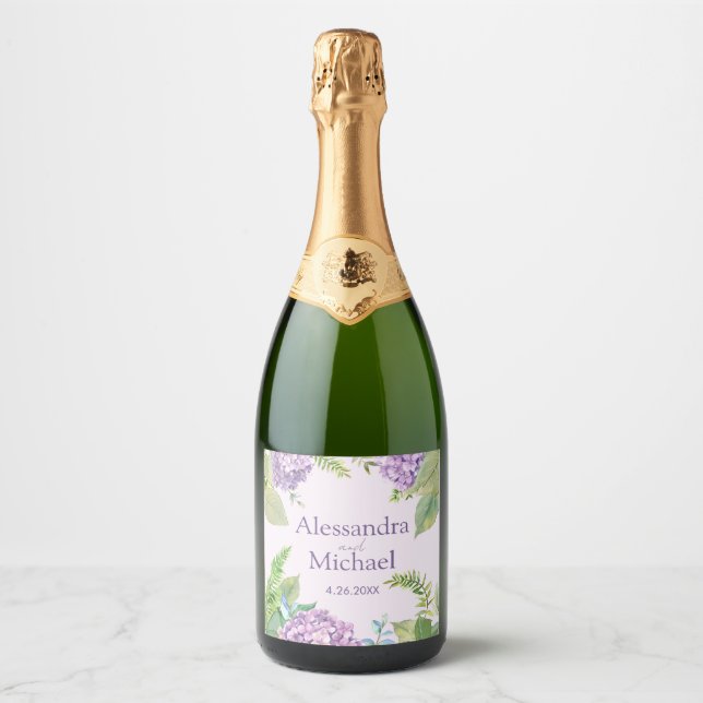 Watercolor Lavender Hydrangea Flowers Wedding Sparkling Wine Label (Front)