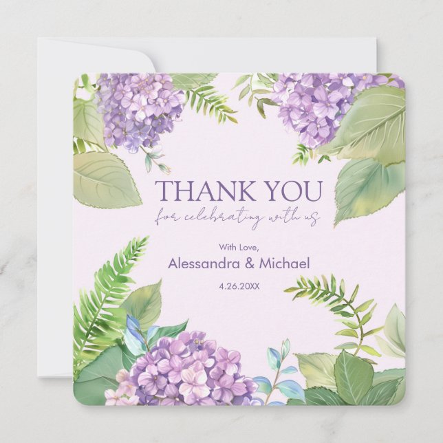 Watercolor Lavender Hydrangea Wedding Thank You Invitation (Front)