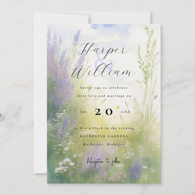 watercolor lavender meadow wedding invitation (Front)