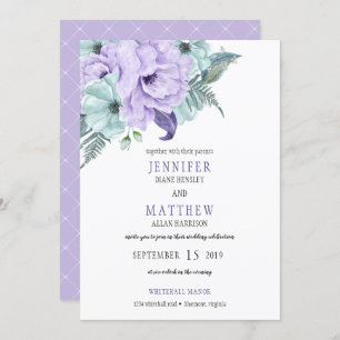Watercolor Lavender Mint Purple Peonies Wedding Invitation