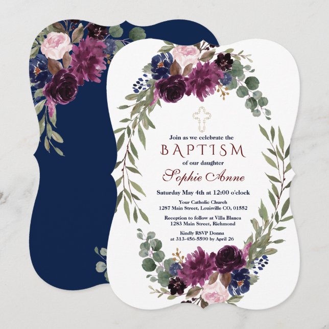 Watercolor Lavender Navy  Marsala Floral  Baptism Invitation (Front/Back)