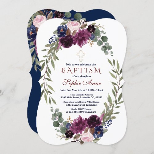 Watercolor Lavender Navy  Marsala Floral  Baptism Invitation