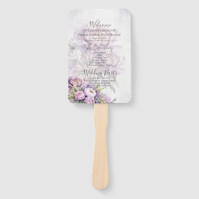 Watercolor Lavender Peony Wedding Program Hand Fan (Front)