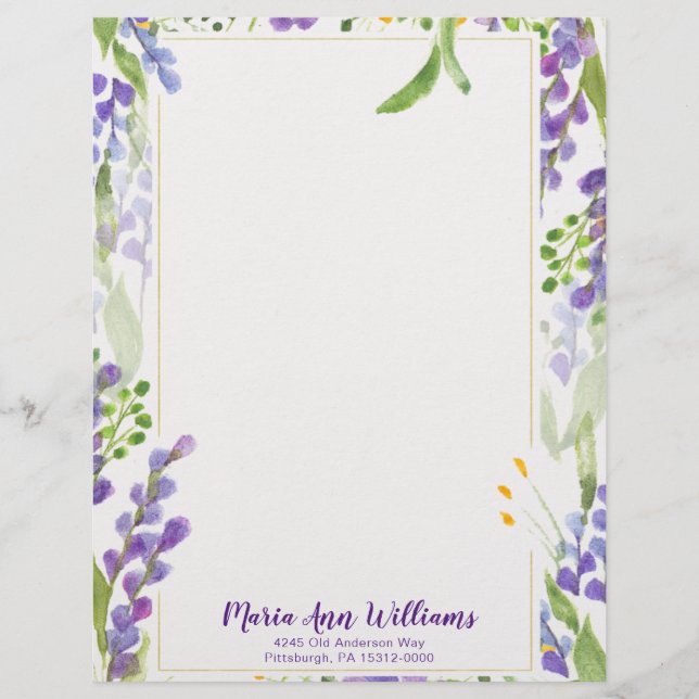 Watercolor Lavender Personalized Letterhead (Front)